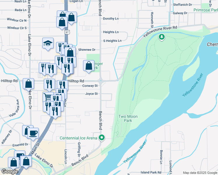 map of restaurants, bars, coffee shops, grocery stores, and more near 810 Joyce Circle in Billings