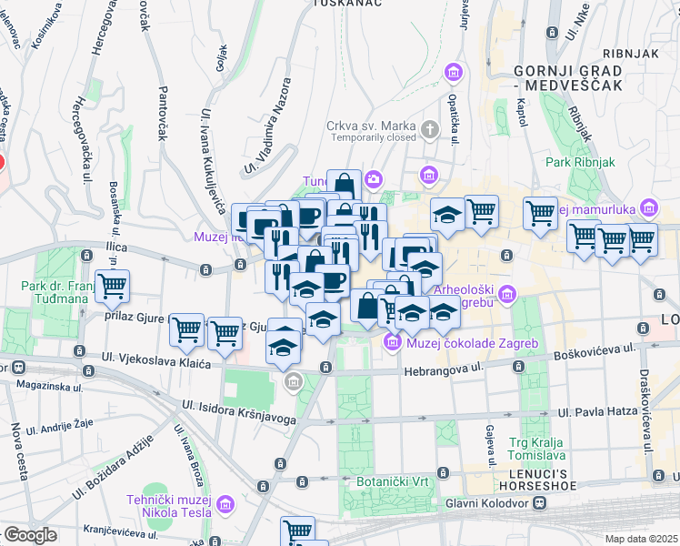 map of restaurants, bars, coffee shops, grocery stores, and more near 8 Frankopanska ulica in Zagreb