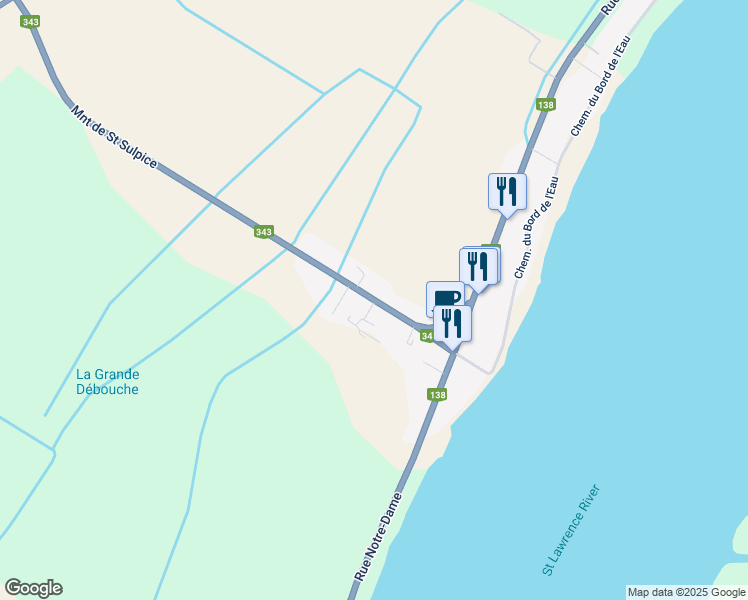 map of restaurants, bars, coffee shops, grocery stores, and more near 63 Montée de St Sulpice in Saint-Sulpice, Quebec
