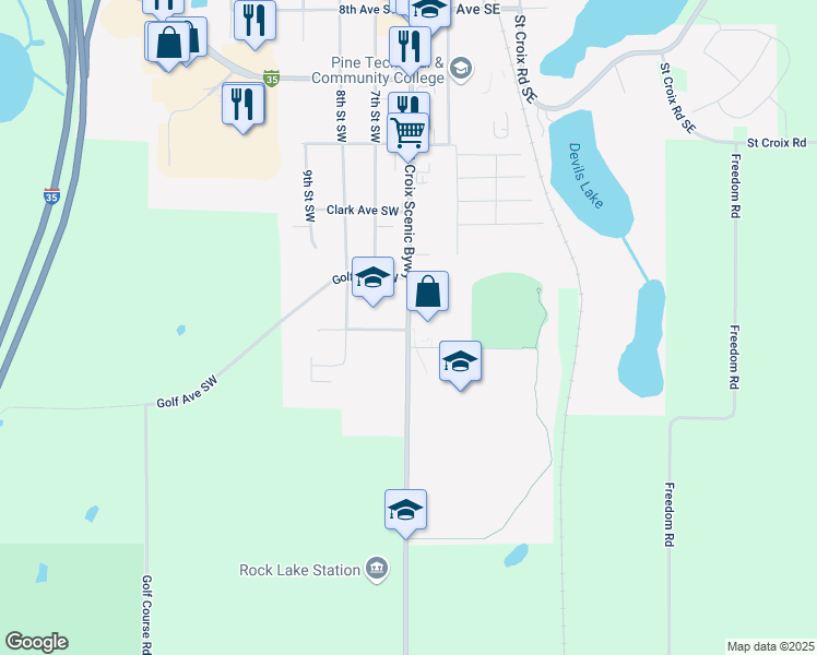 map of restaurants, bars, coffee shops, grocery stores, and more near 1400 Main Street South in Pine City
