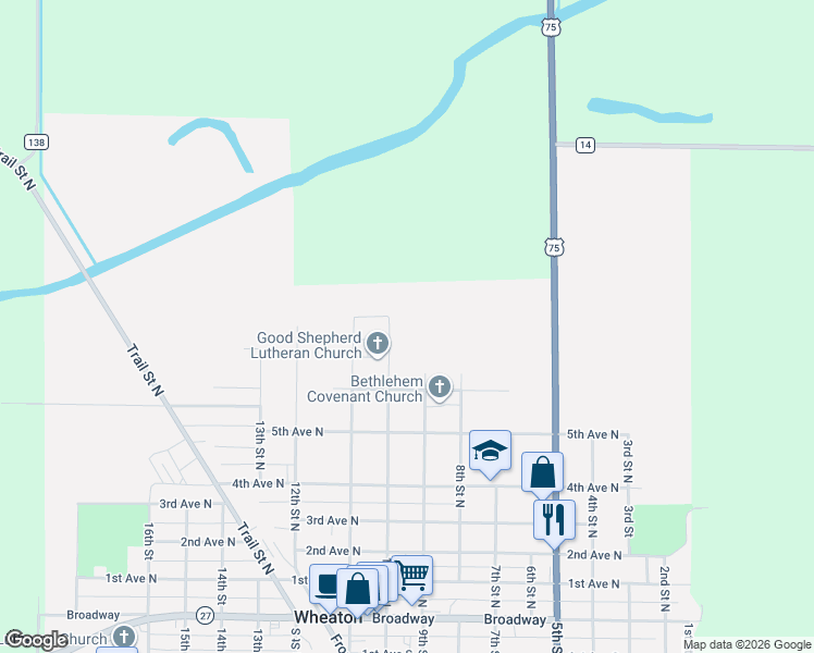 map of restaurants, bars, coffee shops, grocery stores, and more near 605 10th Street North in Wheaton