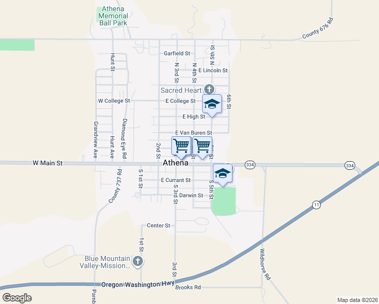 map of restaurants, bars, coffee shops, grocery stores, and more near 355 East Jefferson Street in Athena