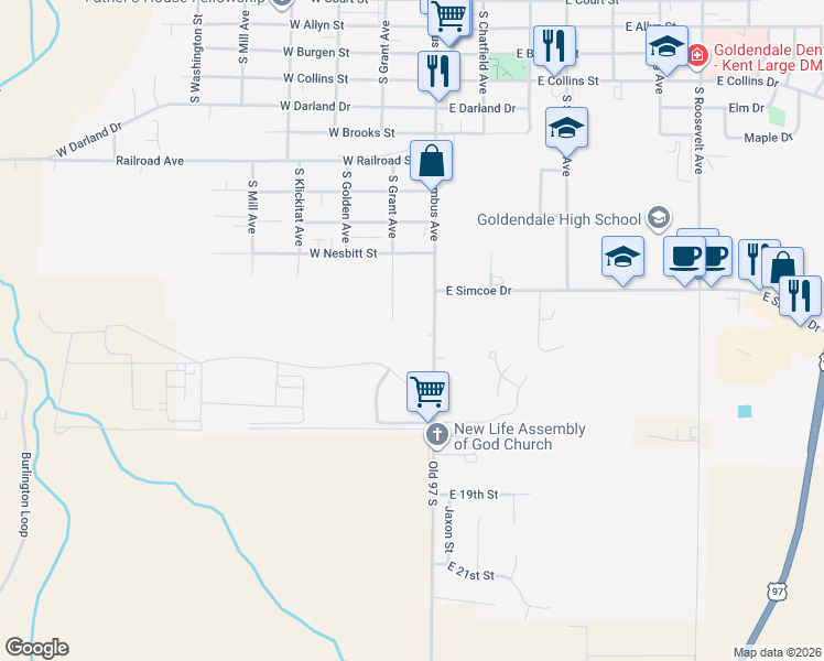 map of restaurants, bars, coffee shops, grocery stores, and more near 1313 South Columbus Avenue in Goldendale