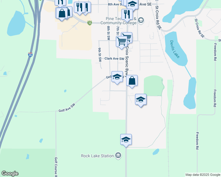 map of restaurants, bars, coffee shops, grocery stores, and more near 1200 8th Street Southwest in Pine City
