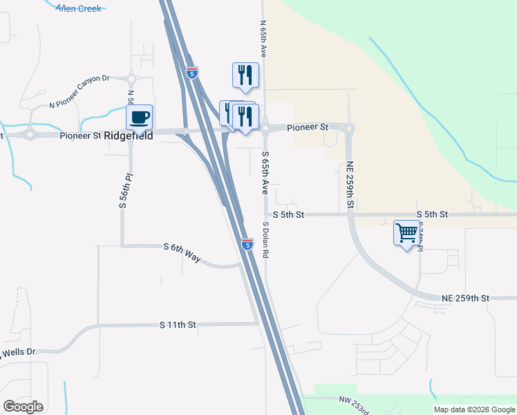 map of restaurants, bars, coffee shops, grocery stores, and more near 457 South 65th Avenue in Ridgefield