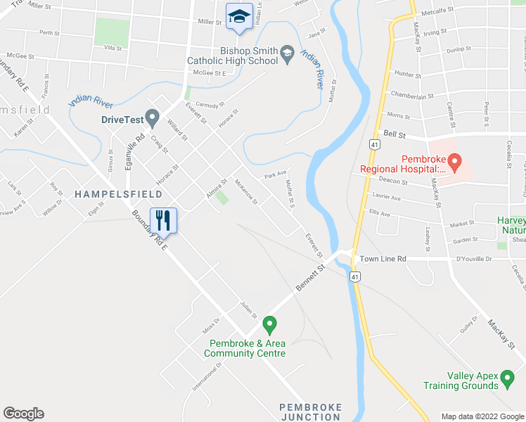 map of restaurants, bars, coffee shops, grocery stores, and more near 280 McKenzie Street in Pembroke