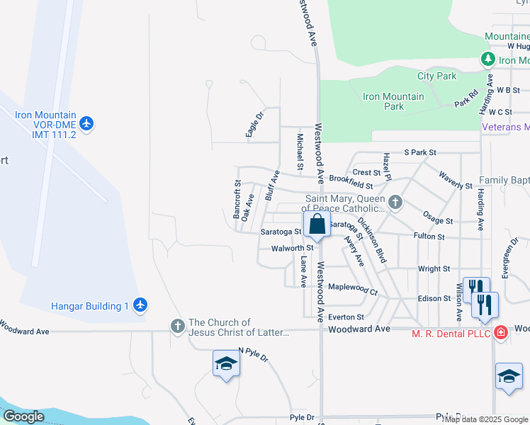 map of restaurants, bars, coffee shops, grocery stores, and more near 526 Bluff Avenue in Kingsford