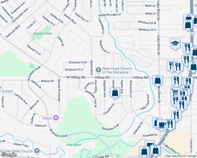 map of restaurants, bars, coffee shops, grocery stores, and more near 16 Hilltop Road in Billings