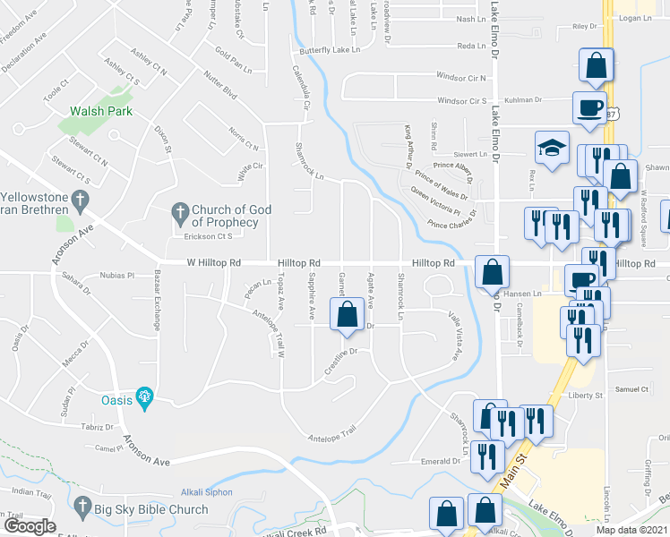 map of restaurants, bars, coffee shops, grocery stores, and more near 106 Hilltop Road in Billings