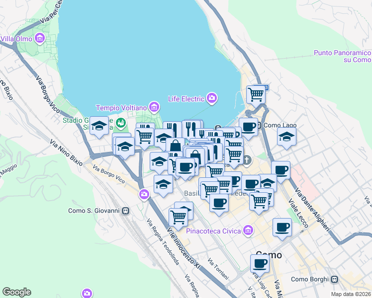 map of restaurants, bars, coffee shops, grocery stores, and more near 13 Lungo Lario Trento in Como