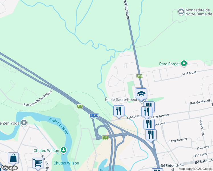 map of restaurants, bars, coffee shops, grocery stores, and more near 124 Terrasse Lionel in Saint-Jérôme
