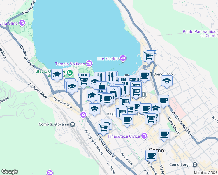 map of restaurants, bars, coffee shops, grocery stores, and more near 13 Lungo Lario Trento in Como