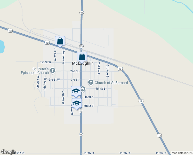 map of restaurants, bars, coffee shops, grocery stores, and more near 300-398 2nd Avenue East in McLaughlin