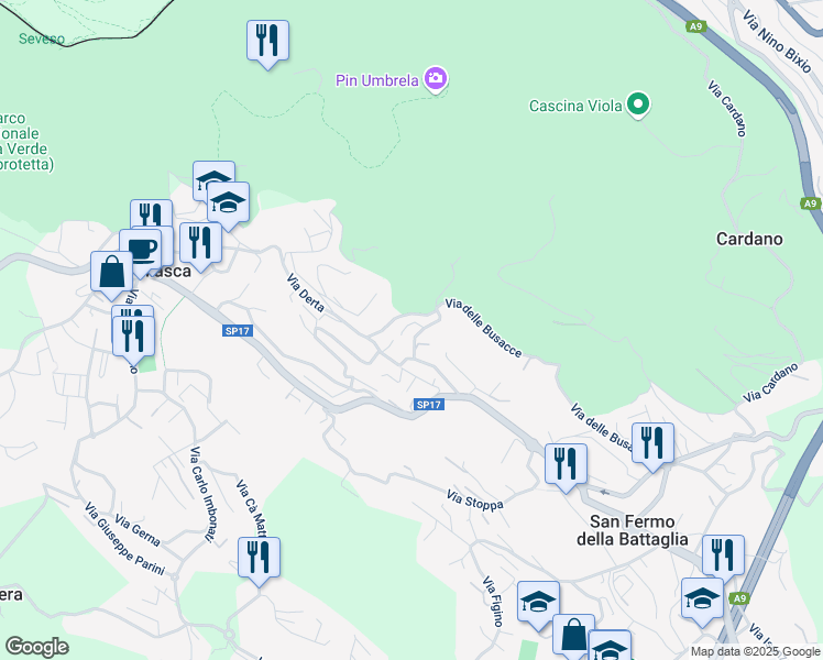 map of restaurants, bars, coffee shops, grocery stores, and more near 7A Via Giasca in San Fermo della Battaglia