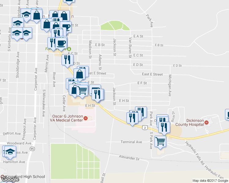 map of restaurants, bars, coffee shops, grocery stores, and more near Jackson St in Iron Mountain