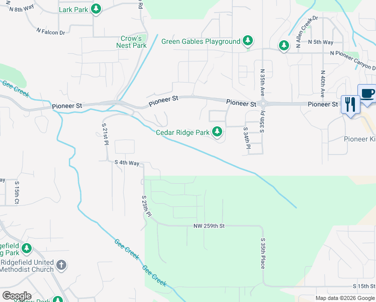 map of restaurants, bars, coffee shops, grocery stores, and more near 2933 South Cedar Ridge Drive in Ridgefield