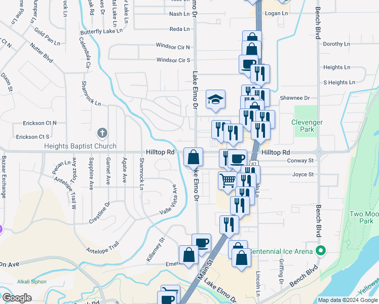 map of restaurants, bars, coffee shops, grocery stores, and more near 398 Hilltop Road in Billings