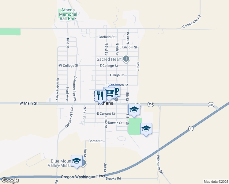 map of restaurants, bars, coffee shops, grocery stores, and more near 355 East Jefferson Street in Athena