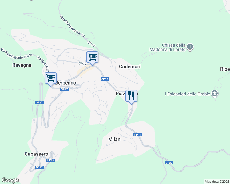 map of restaurants, bars, coffee shops, grocery stores, and more near 106 Via Papa Giovanni XXIII in Berbenno