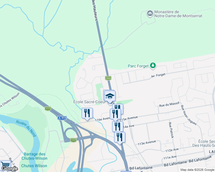 map of restaurants, bars, coffee shops, grocery stores, and more near Boulevard des Hauteurs in Saint-Jérôme