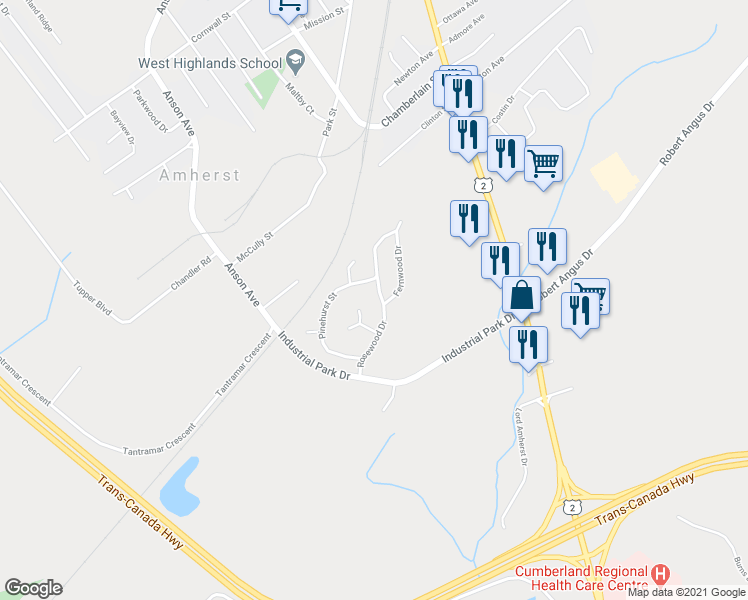 map of restaurants, bars, coffee shops, grocery stores, and more near 36 Rosewood Drive in Amherst