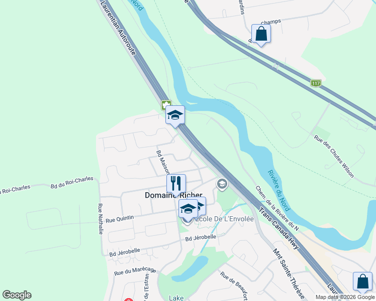 map of restaurants, bars, coffee shops, grocery stores, and more near 1000 Rue Pierrette in Saint-Jérôme