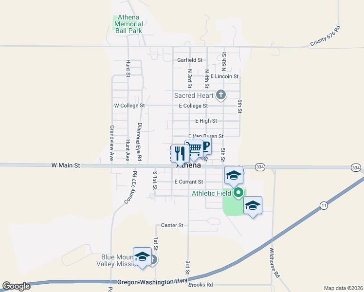 map of restaurants, bars, coffee shops, grocery stores, and more near 233 East Jefferson Street in Athena