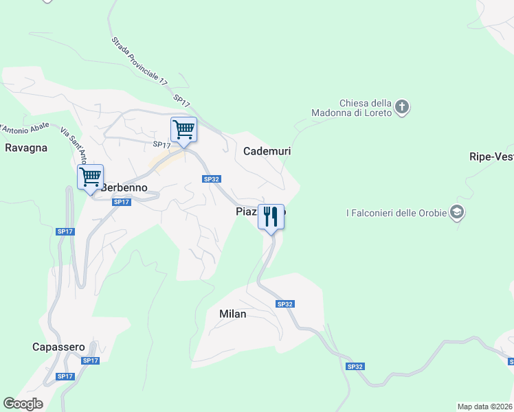 map of restaurants, bars, coffee shops, grocery stores, and more near 111 SP32 in Berbenno