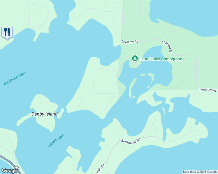 map of restaurants, bars, coffee shops, grocery stores, and more near 7327 Campground Road in Three Lakes
