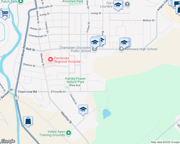 map of restaurants, bars, coffee shops, grocery stores, and more near 125 Owens Street in Pembroke