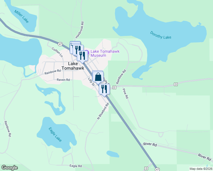 map of restaurants, bars, coffee shops, grocery stores, and more near 7179 Kelly Drive in Lake Tomahawk