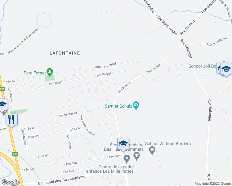 map of restaurants, bars, coffee shops, grocery stores, and more near 2570 Rue Schulz in Saint-Jérôme