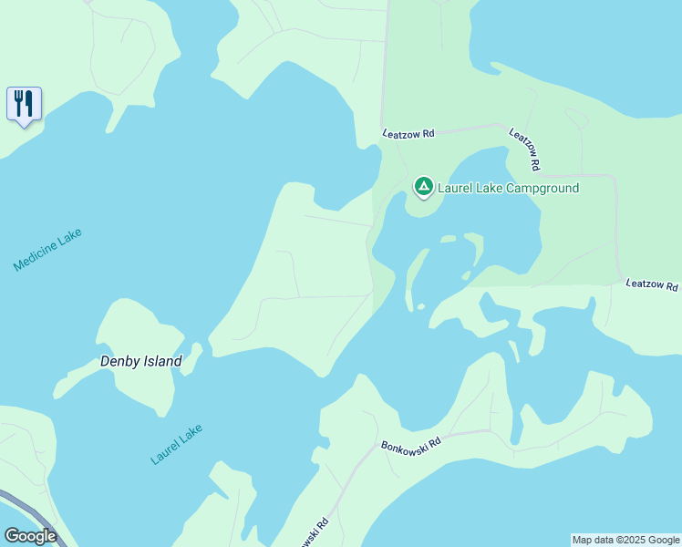 map of restaurants, bars, coffee shops, grocery stores, and more near 7327 Campground Road in Three Lakes
