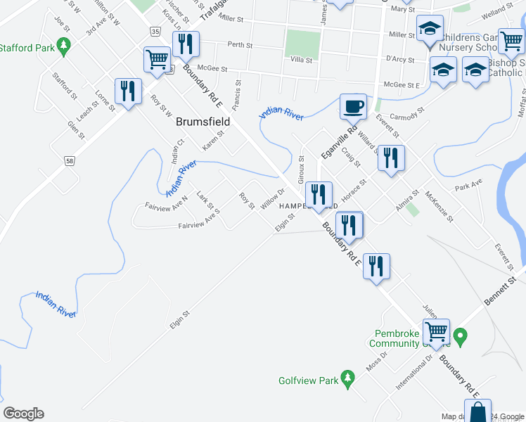 map of restaurants, bars, coffee shops, grocery stores, and more near 509 Roy Street East in Pembroke
