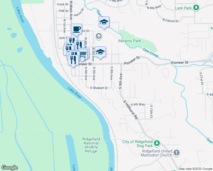 map of restaurants, bars, coffee shops, grocery stores, and more near 708 South Shobert Street in Ridgefield
