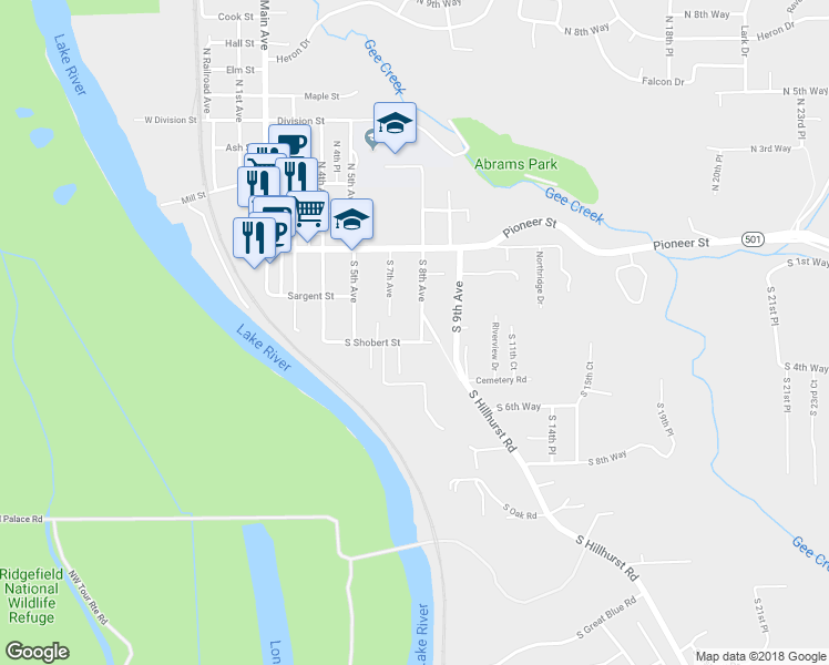 map of restaurants, bars, coffee shops, grocery stores, and more near 708 South Shobert Street in Ridgefield
