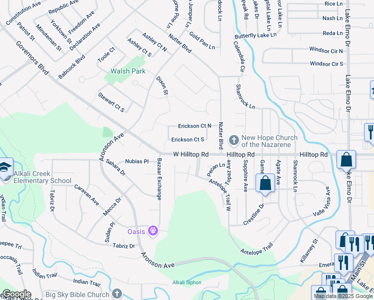 map of restaurants, bars, coffee shops, grocery stores, and more near 137 W Hilltop Rd in Billings