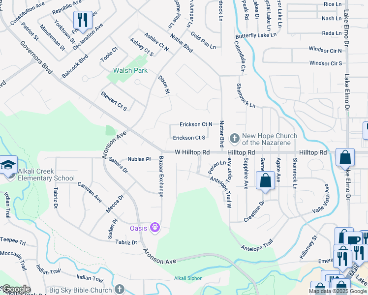 map of restaurants, bars, coffee shops, grocery stores, and more near 137 West Hilltop Road in Billings