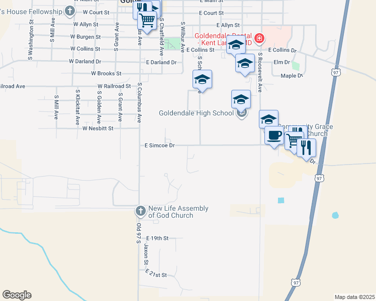map of restaurants, bars, coffee shops, grocery stores, and more near 1215 Bennett Drive in Goldendale