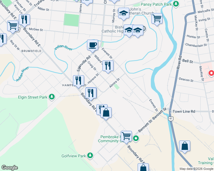 map of restaurants, bars, coffee shops, grocery stores, and more near in Pembroke