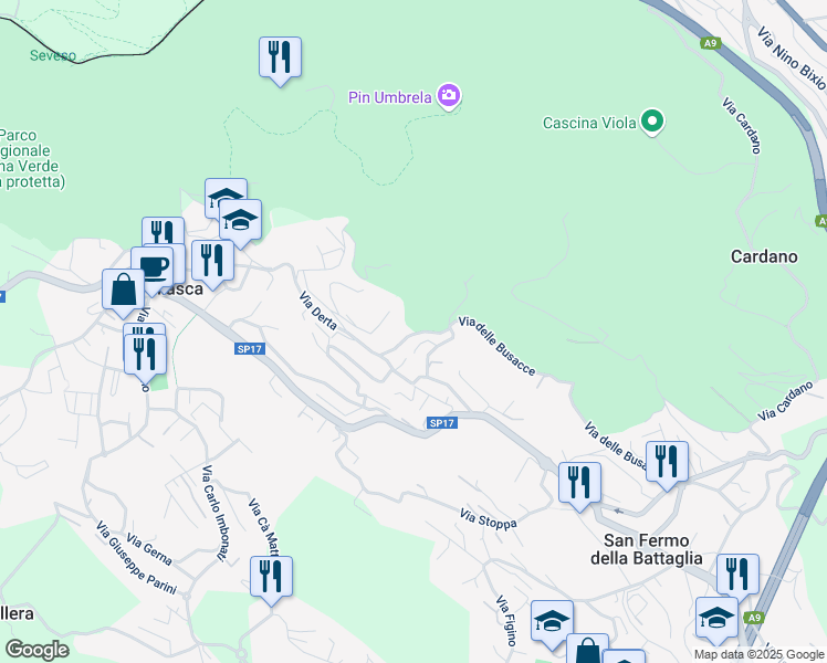 map of restaurants, bars, coffee shops, grocery stores, and more near 7A Via Giasca in San Fermo della Battaglia