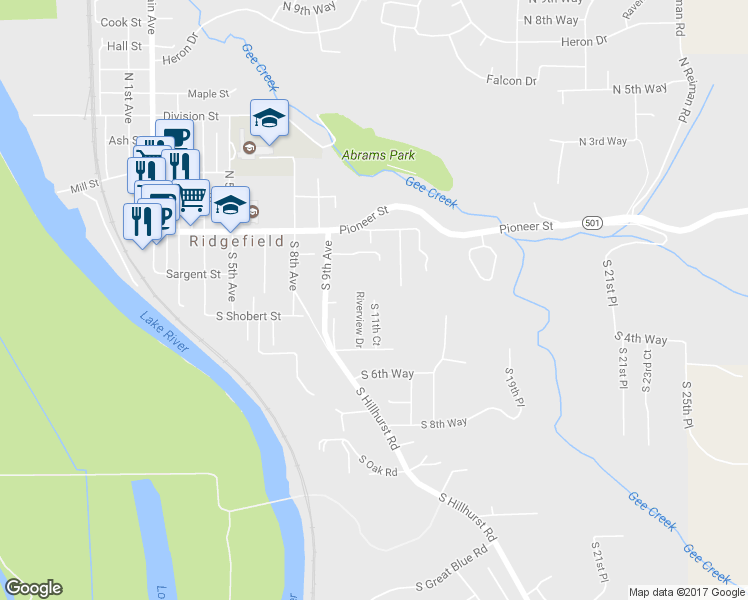 map of restaurants, bars, coffee shops, grocery stores, and more near South 11th Court in Ridgefield