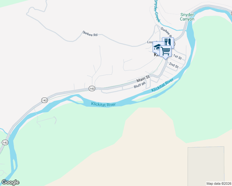 map of restaurants, bars, coffee shops, grocery stores, and more near 614 Bluff Road in Klickitat