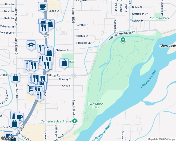 map of restaurants, bars, coffee shops, grocery stores, and more near 827 Yellowstone River Road in Billings