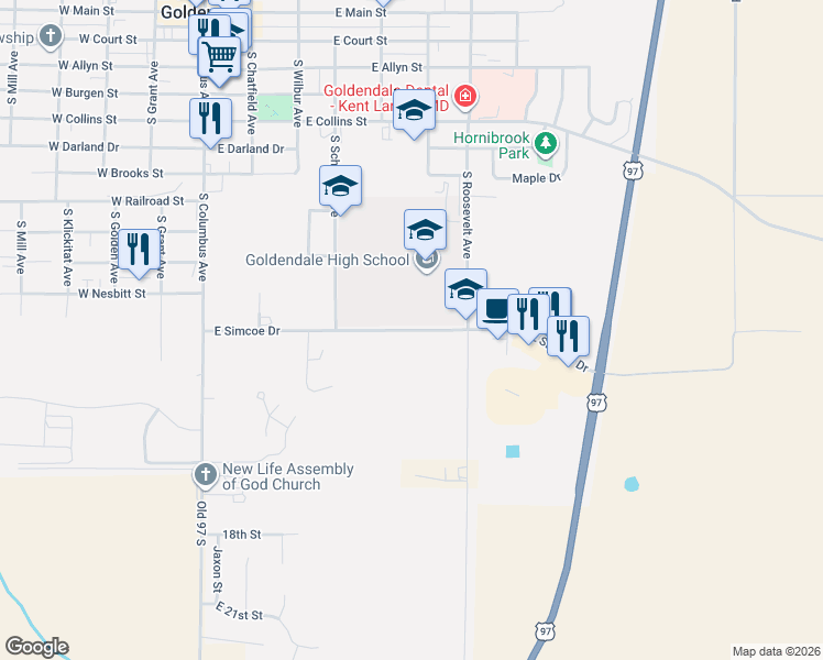 map of restaurants, bars, coffee shops, grocery stores, and more near East Simcoe Drive in Goldendale