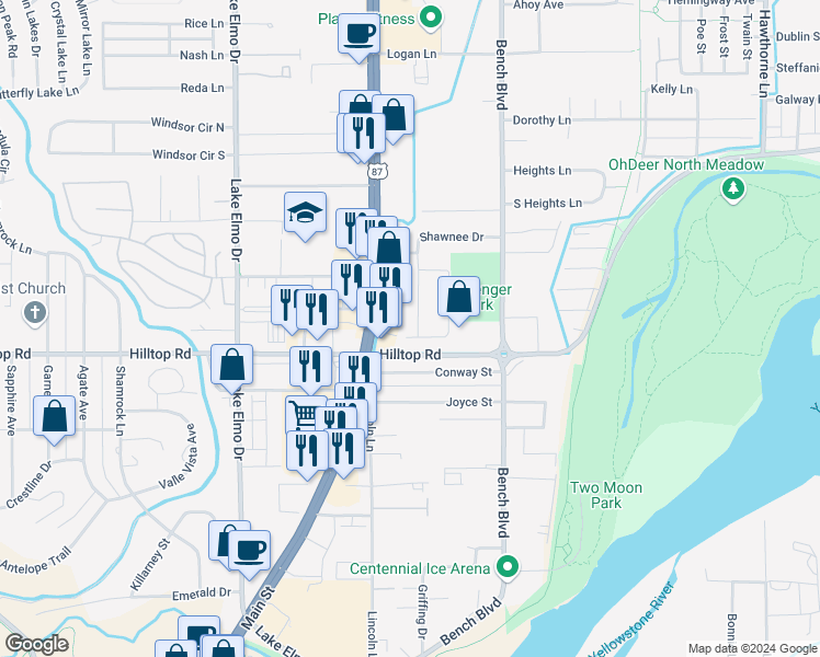 map of restaurants, bars, coffee shops, grocery stores, and more near 808 West Radford Square in Billings