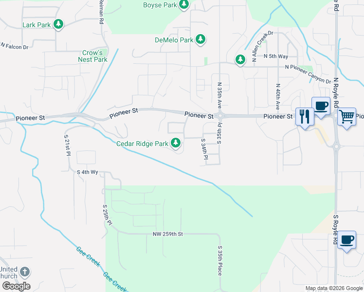 map of restaurants, bars, coffee shops, grocery stores, and more near 3149 South 3rd Way in Ridgefield