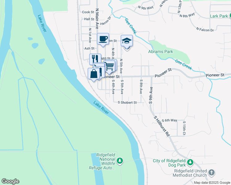 map of restaurants, bars, coffee shops, grocery stores, and more near 116 South 4th Avenue in Ridgefield