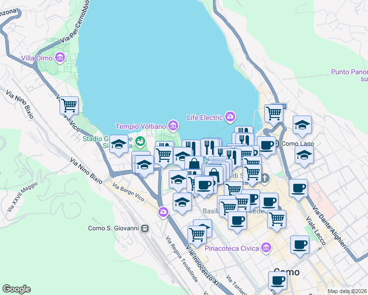 map of restaurants, bars, coffee shops, grocery stores, and more near Lungolago Mafalda di Savoia in Como