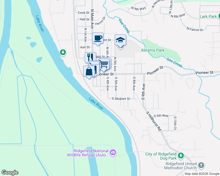 map of restaurants, bars, coffee shops, grocery stores, and more near 202 South 4th Avenue in Ridgefield